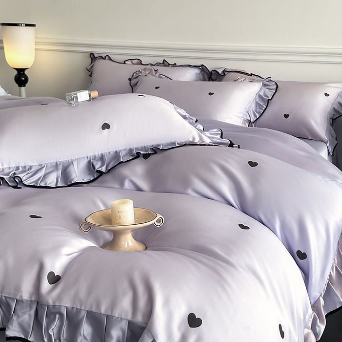 91家纺网 家纺一手货源 找家纺 置顶家纺 2025新款初心蝴蝶结水洗天丝印花四件套 初心-香芋紫