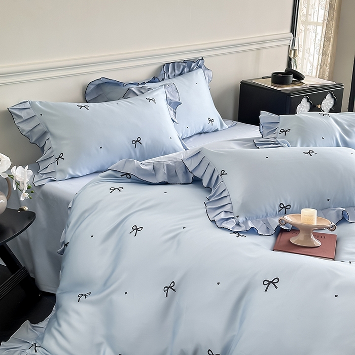 91家纺网 家纺一手货源 找家纺 置顶家纺 2025新款初心蝴蝶结水洗天丝印花四件套 蝴蝶结-天空蓝