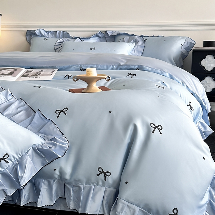 91家纺网 家纺一手货源 找家纺 置顶家纺 2025新款初心蝴蝶结水洗天丝印花四件套 蝴蝶结-天空蓝