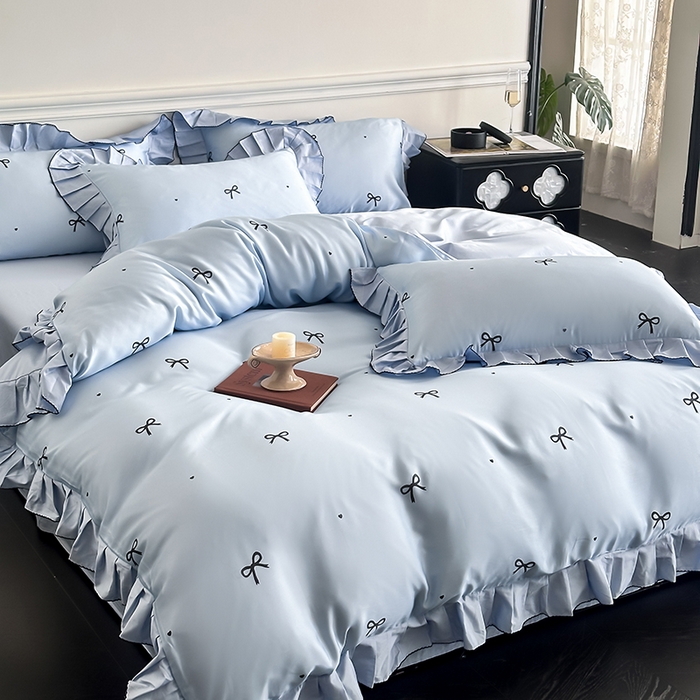 91家纺网 家纺一手货源 找家纺 置顶家纺 2025新款初心蝴蝶结水洗天丝印花四件套 蝴蝶结-天空蓝