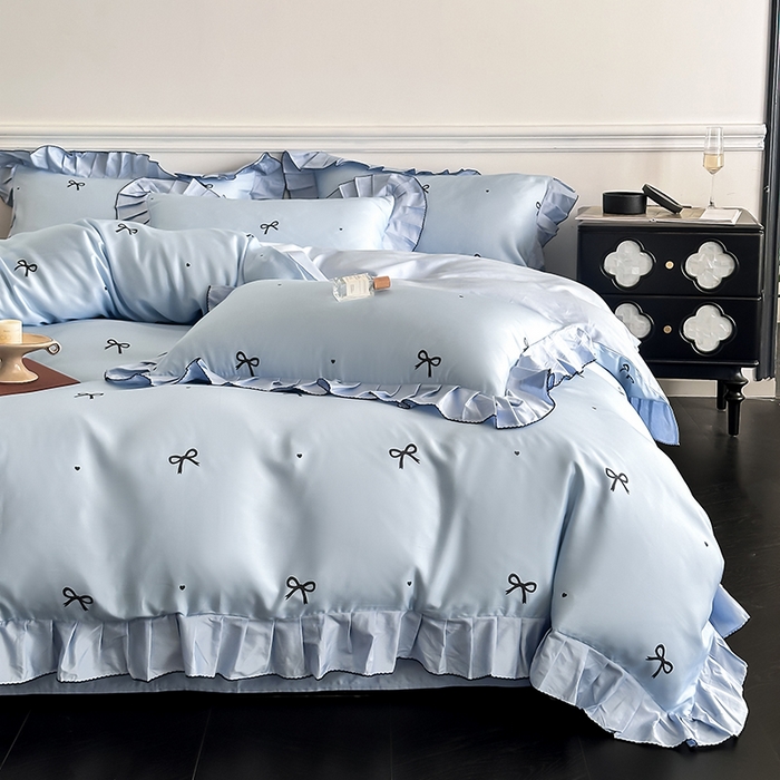 91家纺网 家纺一手货源 找家纺 置顶家纺 2025新款初心蝴蝶结水洗天丝印花四件套 蝴蝶结-天空蓝