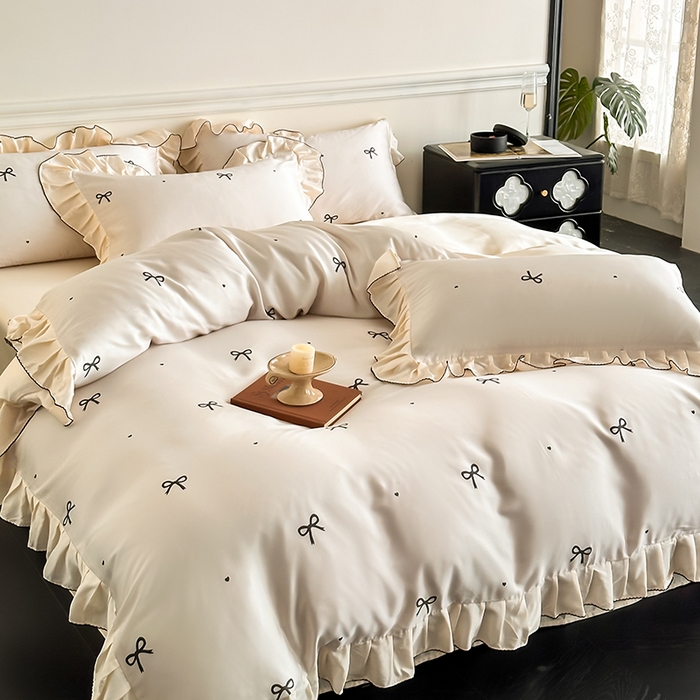 91家纺网 家纺一手货源 找家纺 置顶家纺 2025新款初心蝴蝶结水洗天丝印花四件套 蝴蝶结-奶白