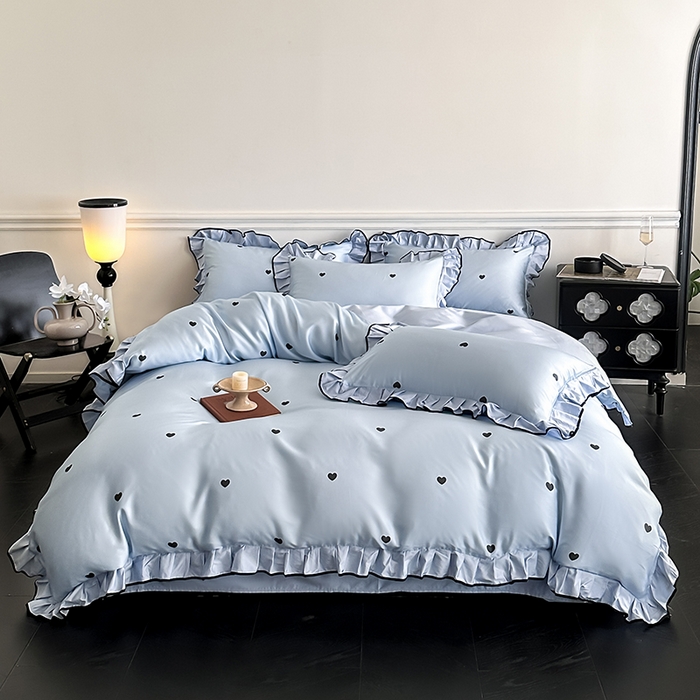 置顶家纺 2025新款初心蝴蝶结水洗天丝印花四件套 初心-浅蓝