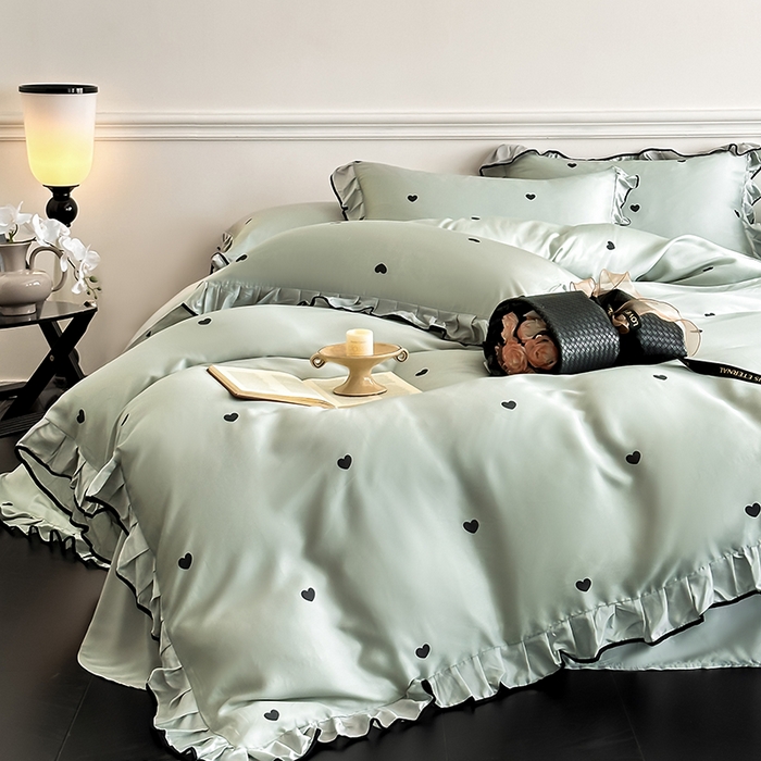 91家纺网 家纺一手货源 找家纺 置顶家纺 2025新款初心蝴蝶结水洗天丝印花四件套 初心-水蓝