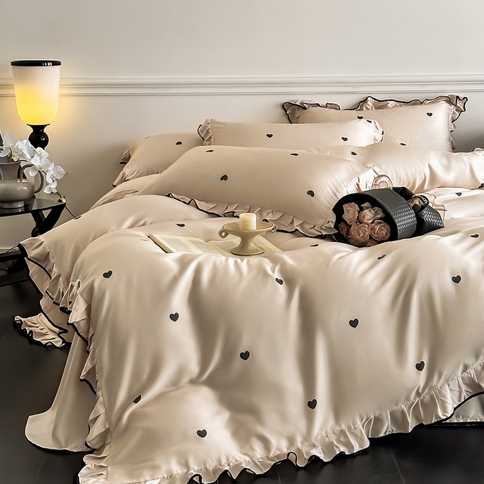 91家纺网 家纺一手货源 找家纺 置顶家纺 2025新款初心蝴蝶结水洗天丝印花四件套 初心-咖色