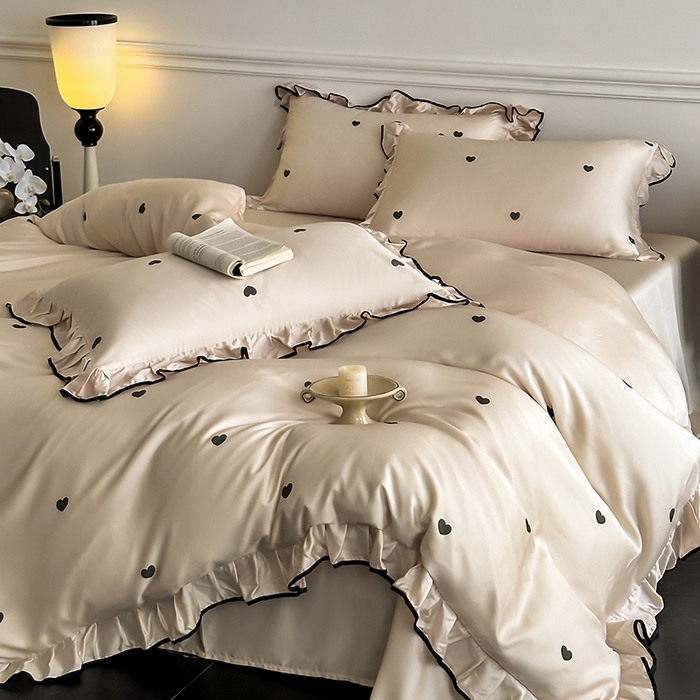 91家纺网 家纺一手货源 找家纺 置顶家纺 2025新款初心蝴蝶结水洗天丝印花四件套 初心-咖色