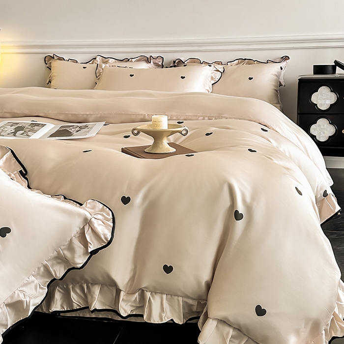 91家纺网 家纺一手货源 找家纺 置顶家纺 2025新款初心蝴蝶结水洗天丝印花四件套 初心-咖色