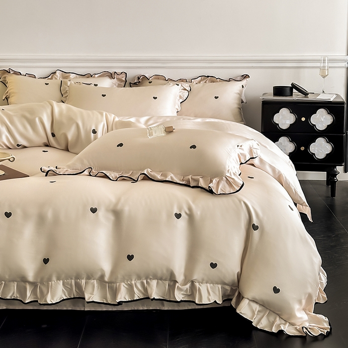 91家纺网 家纺一手货源 找家纺 置顶家纺 2025新款初心蝴蝶结水洗天丝印花四件套 初心-咖色