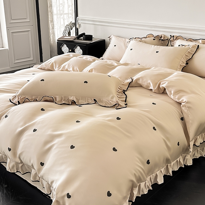 91家纺网 家纺一手货源 找家纺 置顶家纺 2025新款初心蝴蝶结水洗天丝印花四件套 初心-咖色