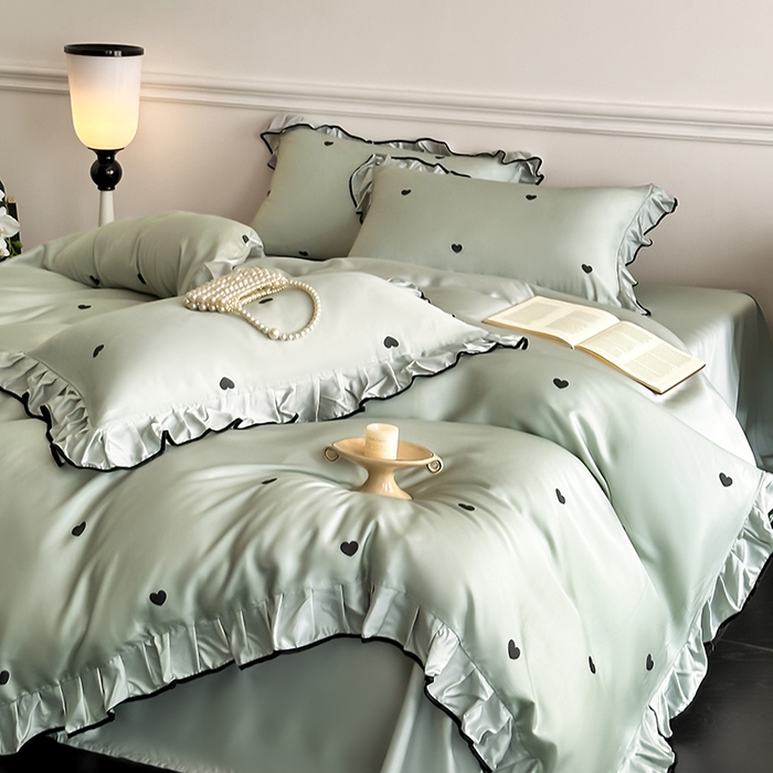 91家纺网 家纺一手货源 找家纺 置顶家纺 2025新款初心蝴蝶结水洗天丝印花四件套 初心-水蓝