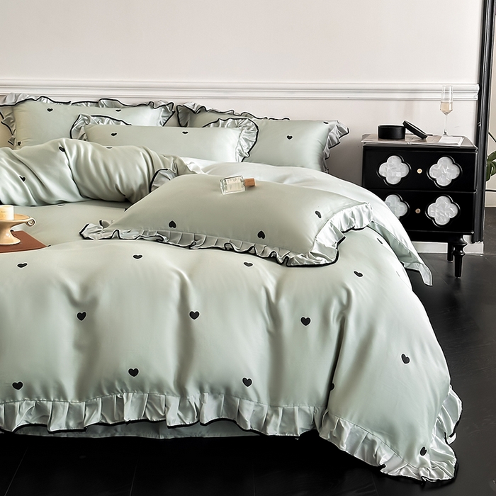 91家纺网 家纺一手货源 找家纺 置顶家纺 2025新款初心蝴蝶结水洗天丝印花四件套 初心-水蓝