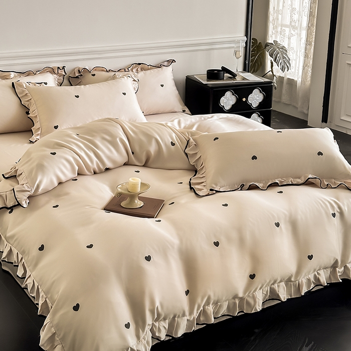 91家纺网 家纺一手货源 找家纺 置顶家纺 2025新款初心蝴蝶结水洗天丝印花四件套 初心-咖色