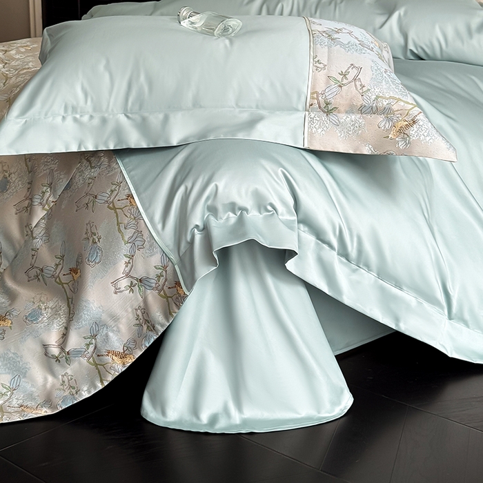 91家纺网 家纺一手货源 找家纺 置顶家纺 2025新款国色天香新中式全棉刺绣拼接四件套 幸禾-月影蓝