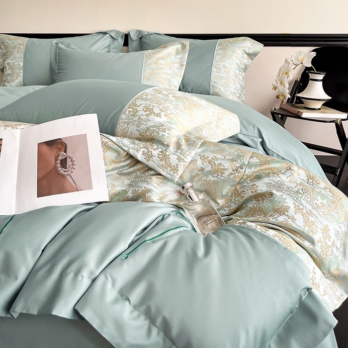 91家纺网 家纺一手货源 找家纺 置顶家纺 2025新款国色天香新中式全棉刺绣拼接四件套 烟雨江南-月影蓝