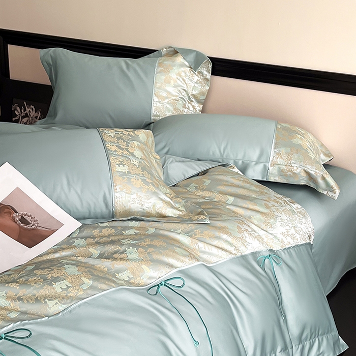 91家纺网 家纺一手货源 找家纺 置顶家纺 2025新款国色天香新中式全棉刺绣拼接四件套 烟雨江南-月影蓝