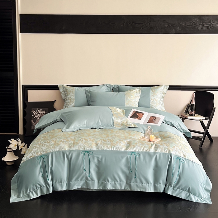 91家纺网 家纺一手货源 找家纺 置顶家纺 2025新款国色天香新中式全棉刺绣拼接四件套 烟雨江南-月影蓝