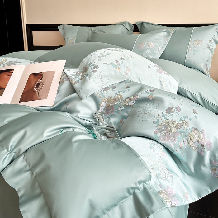 91家纺网 家纺一手货源 找家纺 置顶家纺 2025新款国色天香新中式全棉刺绣拼接四件套 国色天香-月影蓝