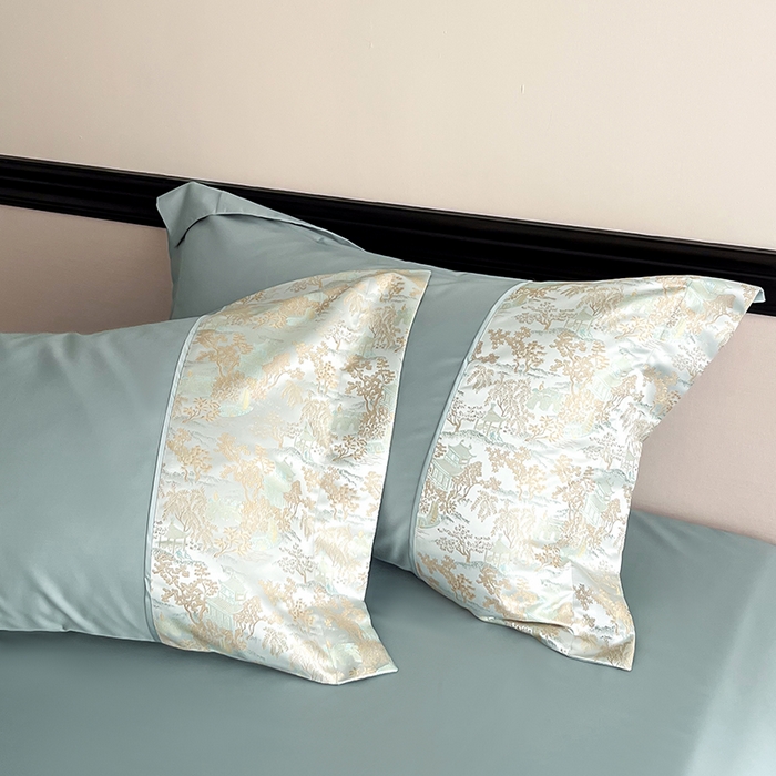 91家纺网 家纺一手货源 找家纺 置顶家纺 2025新款国色天香新中式全棉刺绣拼接四件套 烟雨江南-月影蓝