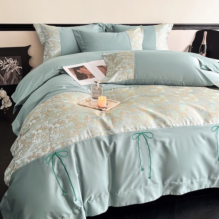 91家纺网 家纺一手货源 找家纺 置顶家纺 2025新款国色天香新中式全棉刺绣拼接四件套 烟雨江南-月影蓝