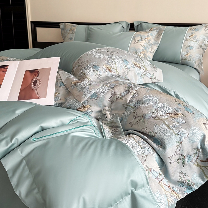 91家纺网 家纺一手货源 找家纺 置顶家纺 2025新款国色天香新中式全棉刺绣拼接四件套 幸禾-月影蓝