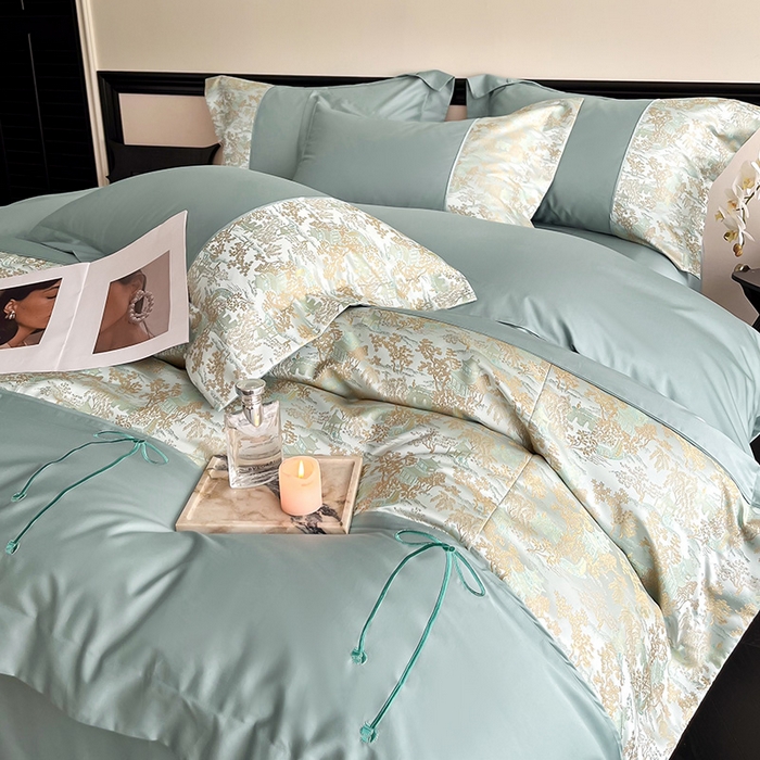 91家纺网 家纺一手货源 找家纺 置顶家纺 2025新款国色天香新中式全棉刺绣拼接四件套 烟雨江南-月影蓝