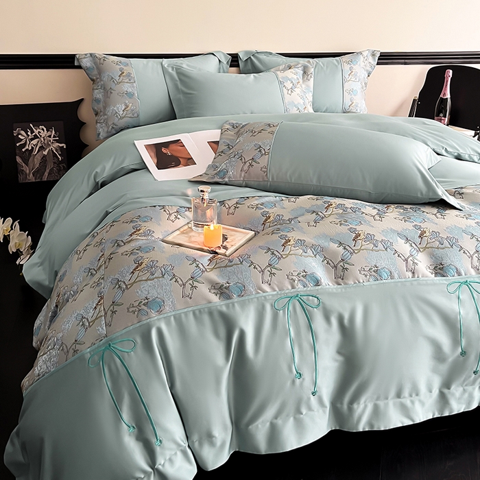 91家纺网 家纺一手货源 找家纺 置顶家纺 2025新款国色天香新中式全棉刺绣拼接四件套 幸禾-月影蓝