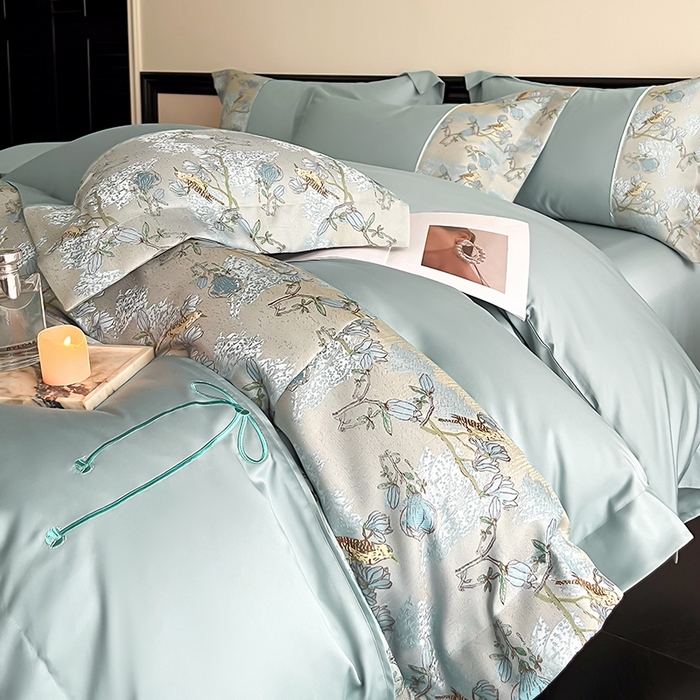 91家纺网 家纺一手货源 找家纺 置顶家纺 2025新款国色天香新中式全棉刺绣拼接四件套 幸禾-月影蓝