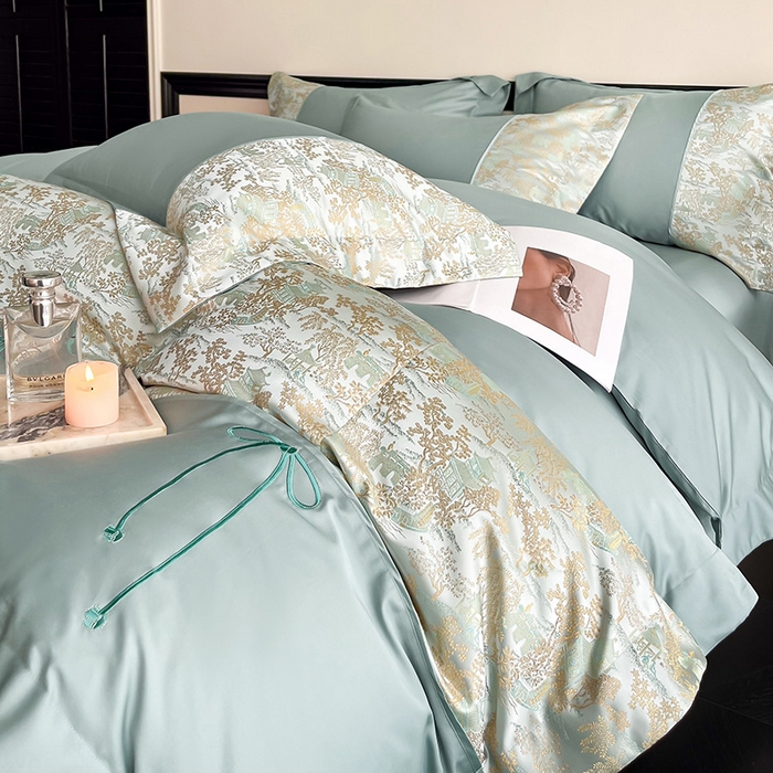 91家纺网 家纺一手货源 找家纺 置顶家纺 2025新款国色天香新中式全棉刺绣拼接四件套 烟雨江南-月影蓝