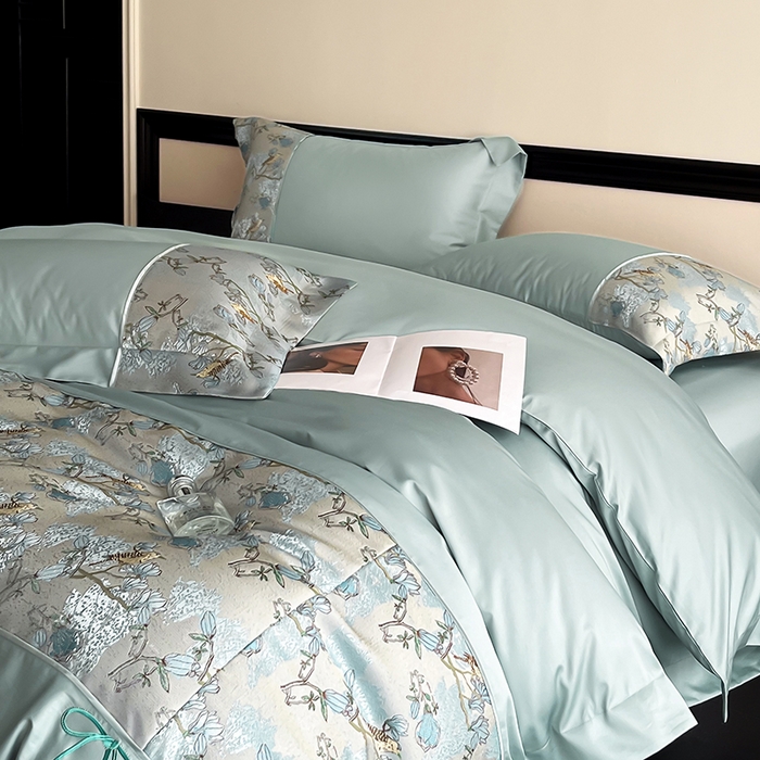 91家纺网 家纺一手货源 找家纺 置顶家纺 2025新款国色天香新中式全棉刺绣拼接四件套 幸禾-月影蓝