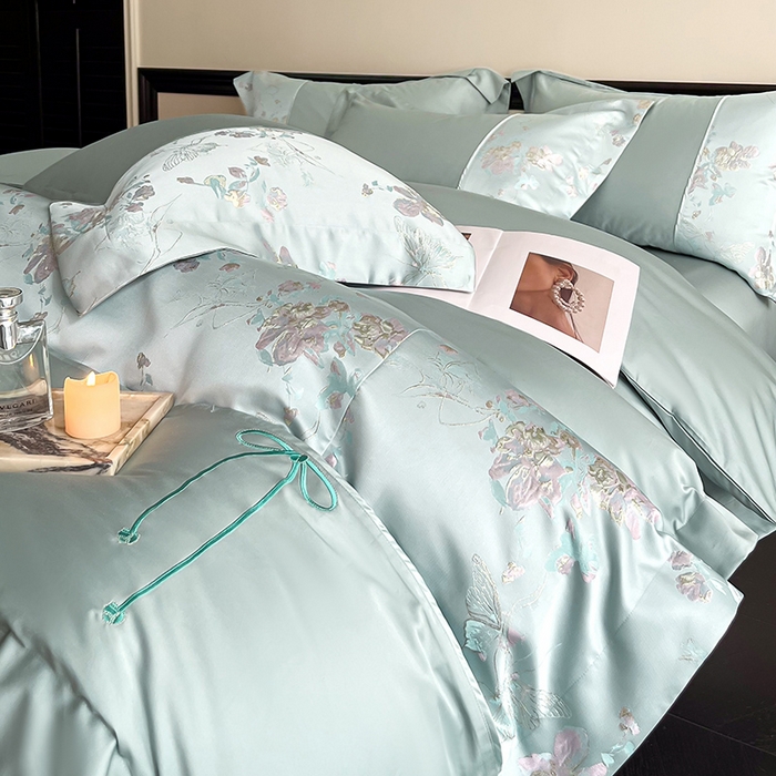 91家纺网 家纺一手货源 找家纺 置顶家纺 2025新款国色天香新中式全棉刺绣拼接四件套 国色天香-月影蓝