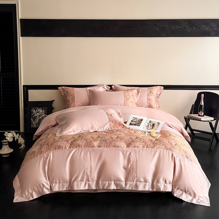 91家纺网 家纺一手货源 找家纺 置顶家纺 2025新款国色天香新中式全棉刺绣拼接四件套 幸禾-浅豆沙