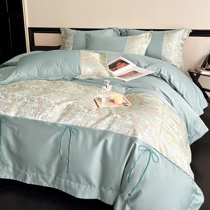 91家纺网 家纺一手货源 找家纺 置顶家纺 2025新款国色天香新中式全棉刺绣拼接四件套 烟雨江南-月影蓝