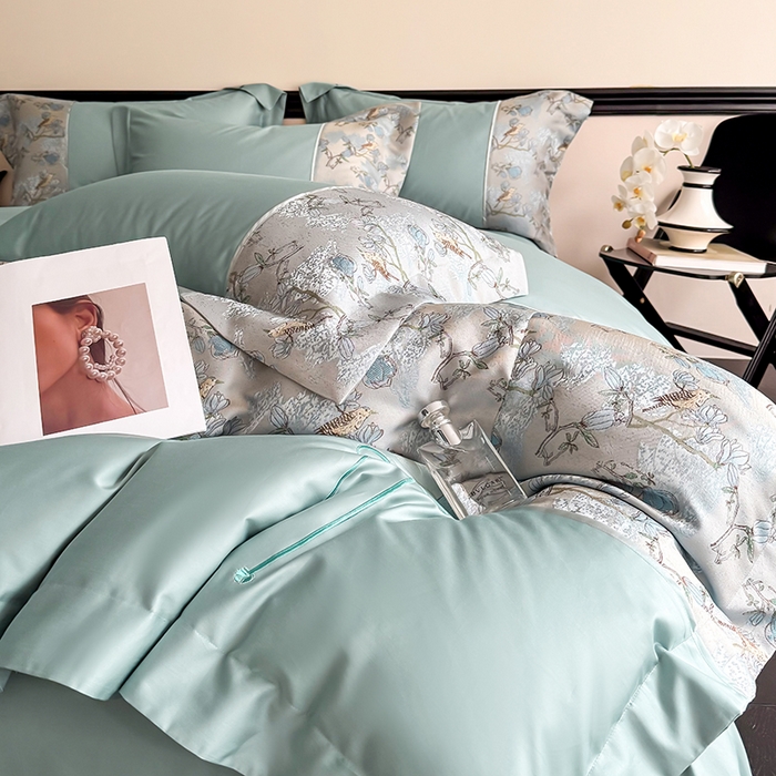 91家纺网 家纺一手货源 找家纺 置顶家纺 2025新款国色天香新中式全棉刺绣拼接四件套 幸禾-月影蓝