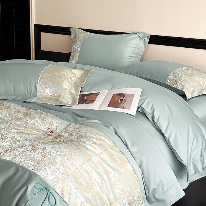 91家纺网 家纺一手货源 找家纺 置顶家纺 2025新款国色天香新中式全棉刺绣拼接四件套 烟雨江南-月影蓝