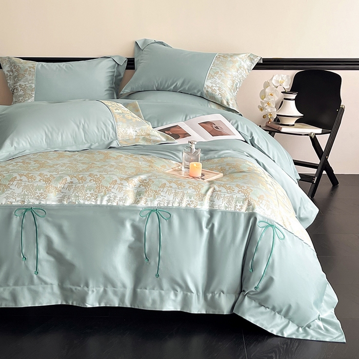 91家纺网 家纺一手货源 找家纺 置顶家纺 2025新款国色天香新中式全棉刺绣拼接四件套 烟雨江南-月影蓝