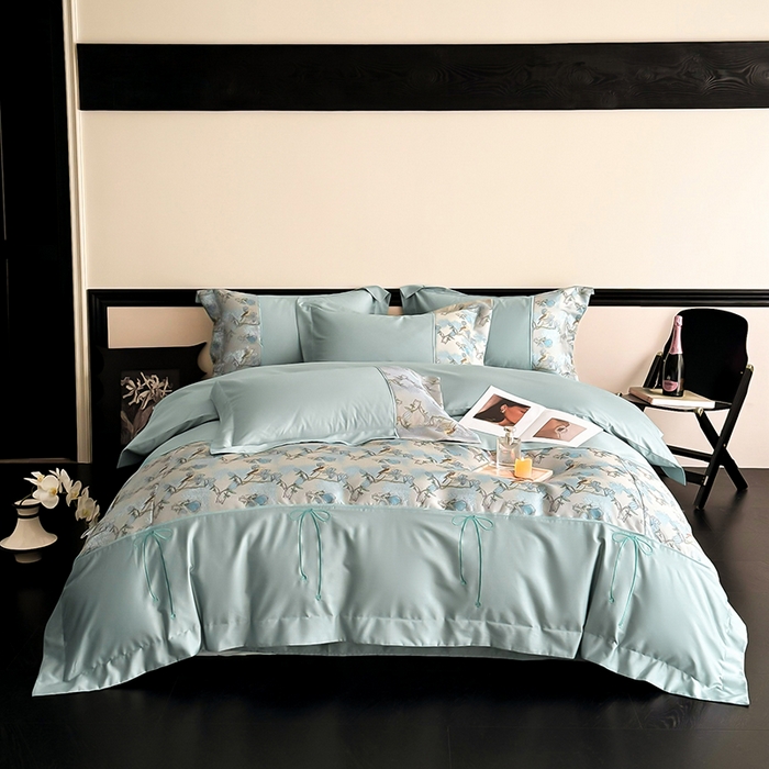 置顶家纺 2025新款国色天香新中式全棉刺绣拼接四件套 幸禾-月影蓝