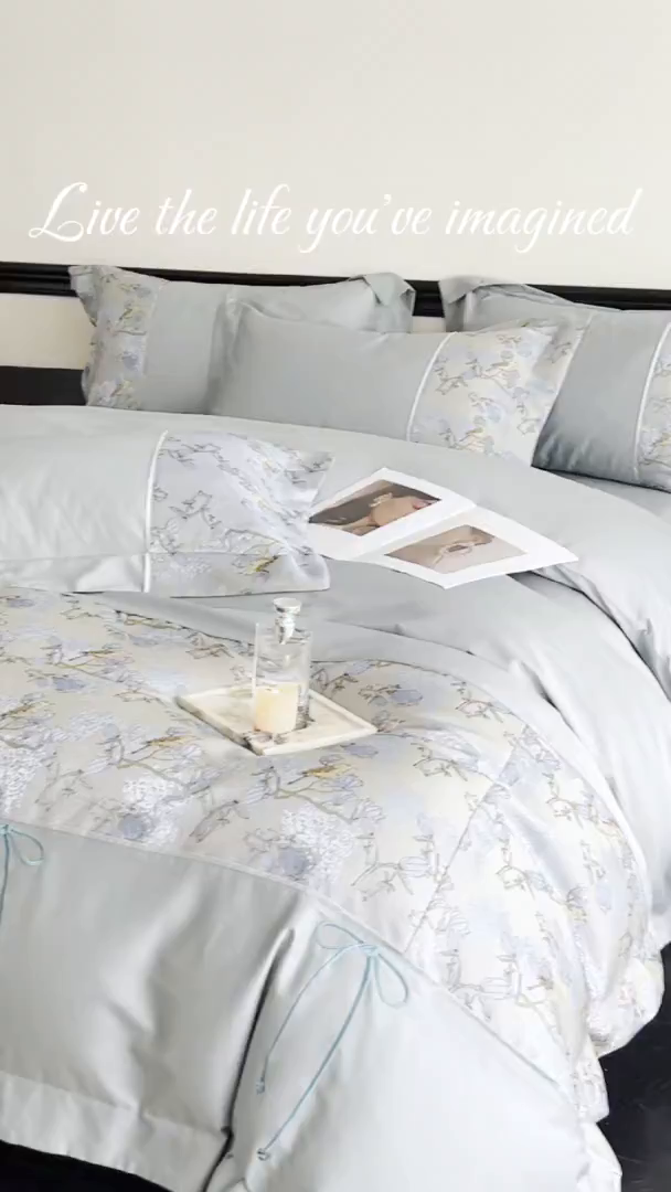 91家纺网 家纺一手货源 找家纺 置顶家纺 2025新款国色天香新中式全棉刺绣拼接四件套 幸禾-月影蓝