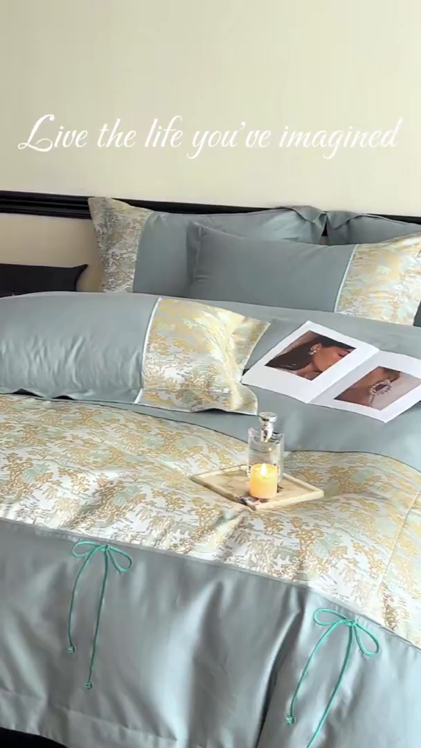 91家纺网 家纺一手货源 找家纺 置顶家纺 2025新款国色天香新中式全棉刺绣拼接四件套 烟雨江南-月影蓝