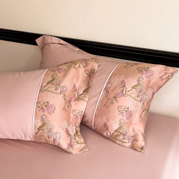 91家纺网 家纺一手货源 找家纺 置顶家纺 2025新款国色天香新中式全棉刺绣拼接四件套 幸禾-浅豆沙