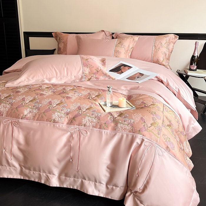 91家纺网 家纺一手货源 找家纺 置顶家纺 2025新款国色天香新中式全棉刺绣拼接四件套 幸禾-浅豆沙