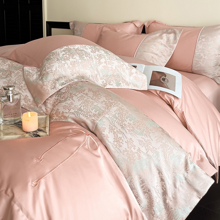 91家纺网 家纺一手货源 找家纺 置顶家纺 2025新款国色天香新中式全棉刺绣拼接四件套 烟雨江南-浅豆沙