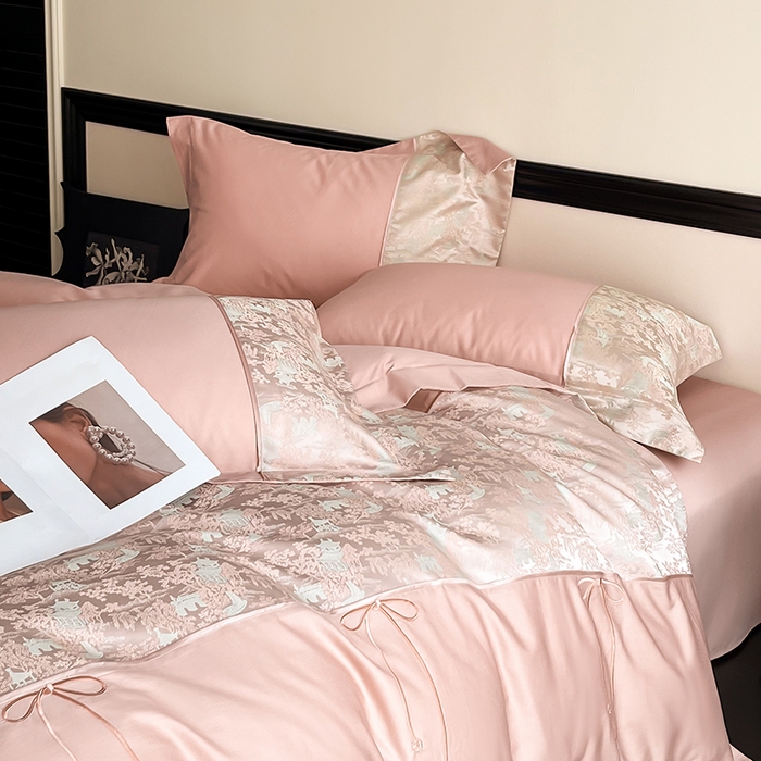 91家纺网 家纺一手货源 找家纺 置顶家纺 2025新款国色天香新中式全棉刺绣拼接四件套 烟雨江南-浅豆沙