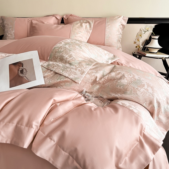 91家纺网 家纺一手货源 找家纺 置顶家纺 2025新款国色天香新中式全棉刺绣拼接四件套 烟雨江南-浅豆沙