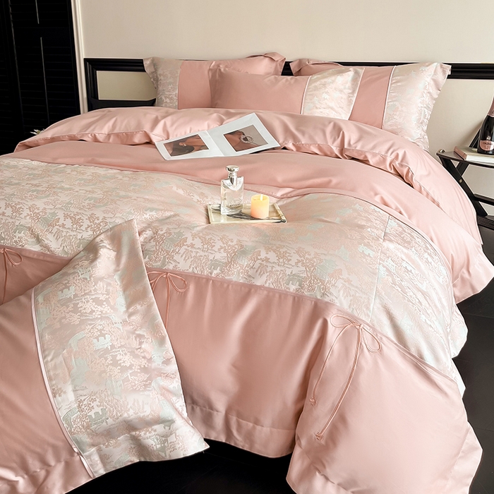 91家纺网 家纺一手货源 找家纺 置顶家纺 2025新款国色天香新中式全棉刺绣拼接四件套 烟雨江南-浅豆沙