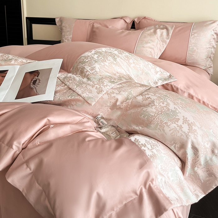 91家纺网 家纺一手货源 找家纺 置顶家纺 2025新款国色天香新中式全棉刺绣拼接四件套 烟雨江南-浅豆沙