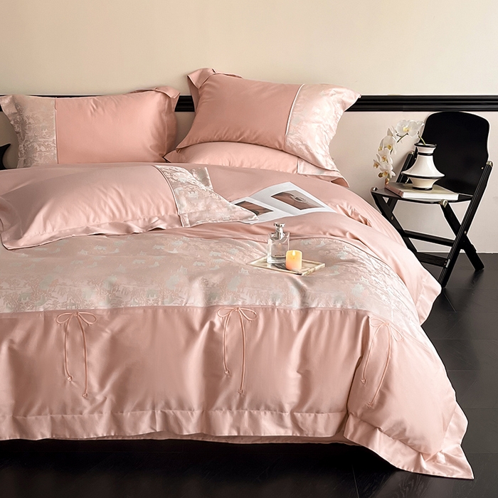 91家纺网 家纺一手货源 找家纺 置顶家纺 2025新款国色天香新中式全棉刺绣拼接四件套 烟雨江南-浅豆沙