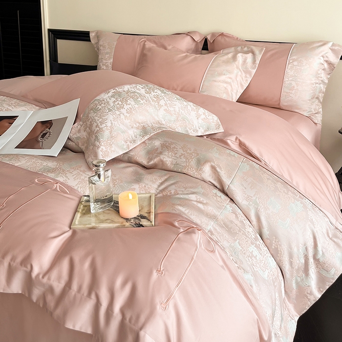 91家纺网 家纺一手货源 找家纺 置顶家纺 2025新款国色天香新中式全棉刺绣拼接四件套 烟雨江南-浅豆沙