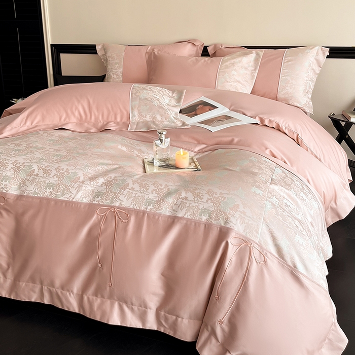 91家纺网 家纺一手货源 找家纺 置顶家纺 2025新款国色天香新中式全棉刺绣拼接四件套 烟雨江南-浅豆沙