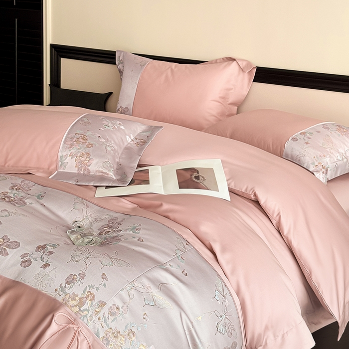 91家纺网 家纺一手货源 找家纺 置顶家纺 2025新款国色天香新中式全棉刺绣拼接四件套 国色天香-浅豆沙