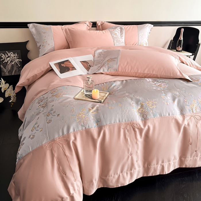 91家纺网 家纺一手货源 找家纺 置顶家纺 2025新款国色天香新中式全棉刺绣拼接四件套 国色天香-浅豆沙